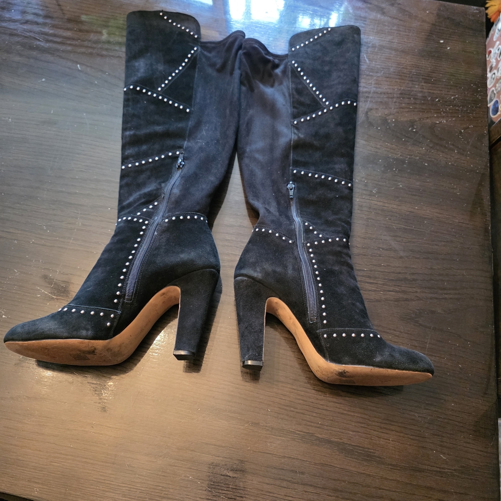 Vince Camuto Black Suede Studded Knee-High Heels Size 9